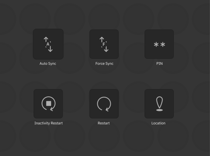 Just tried designing icons for Auto-sync, Force Sync, PIN, Inactivity restart, Restart and Location.